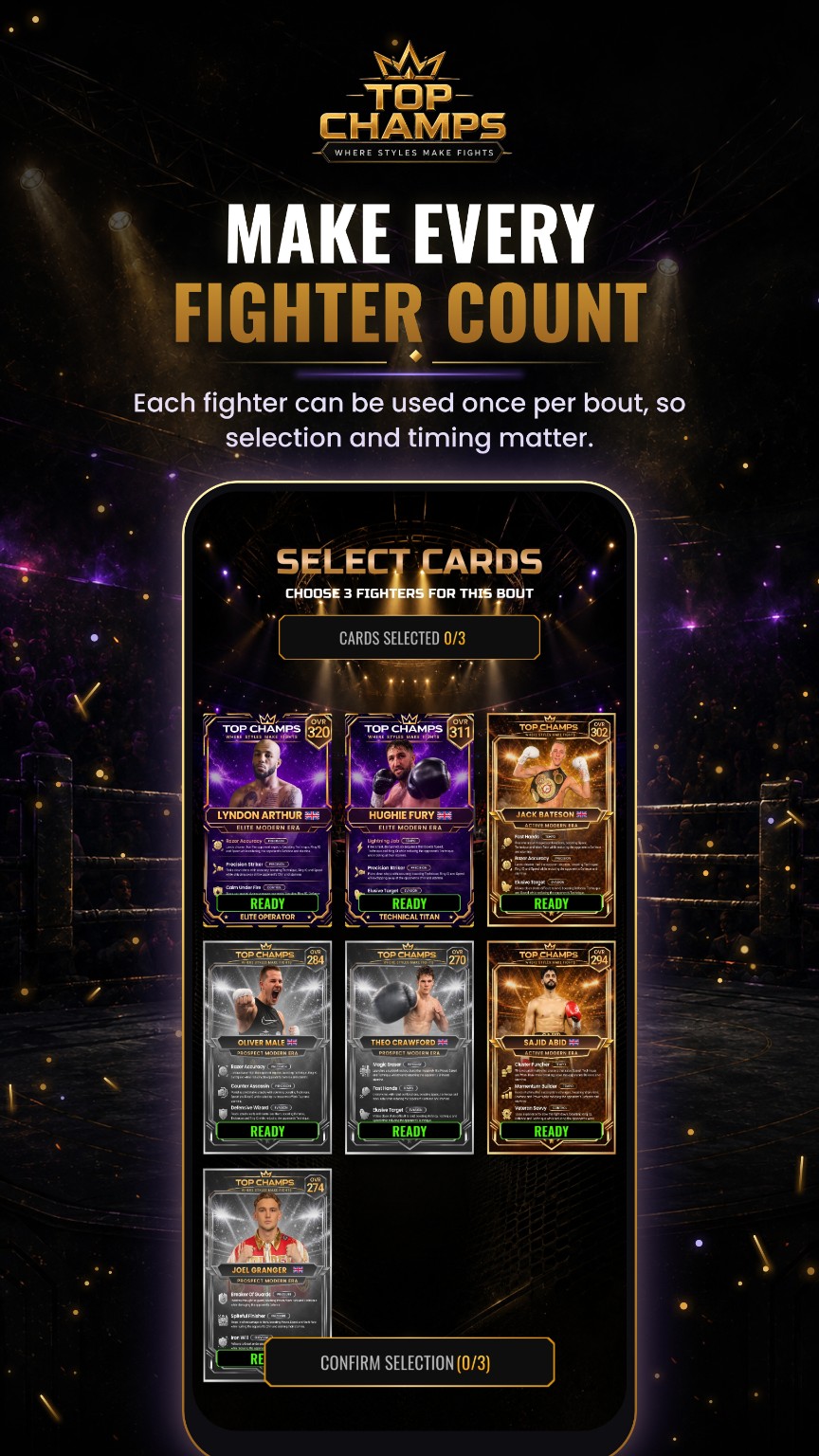 Selection screen for a three-fighter Top Champs bout